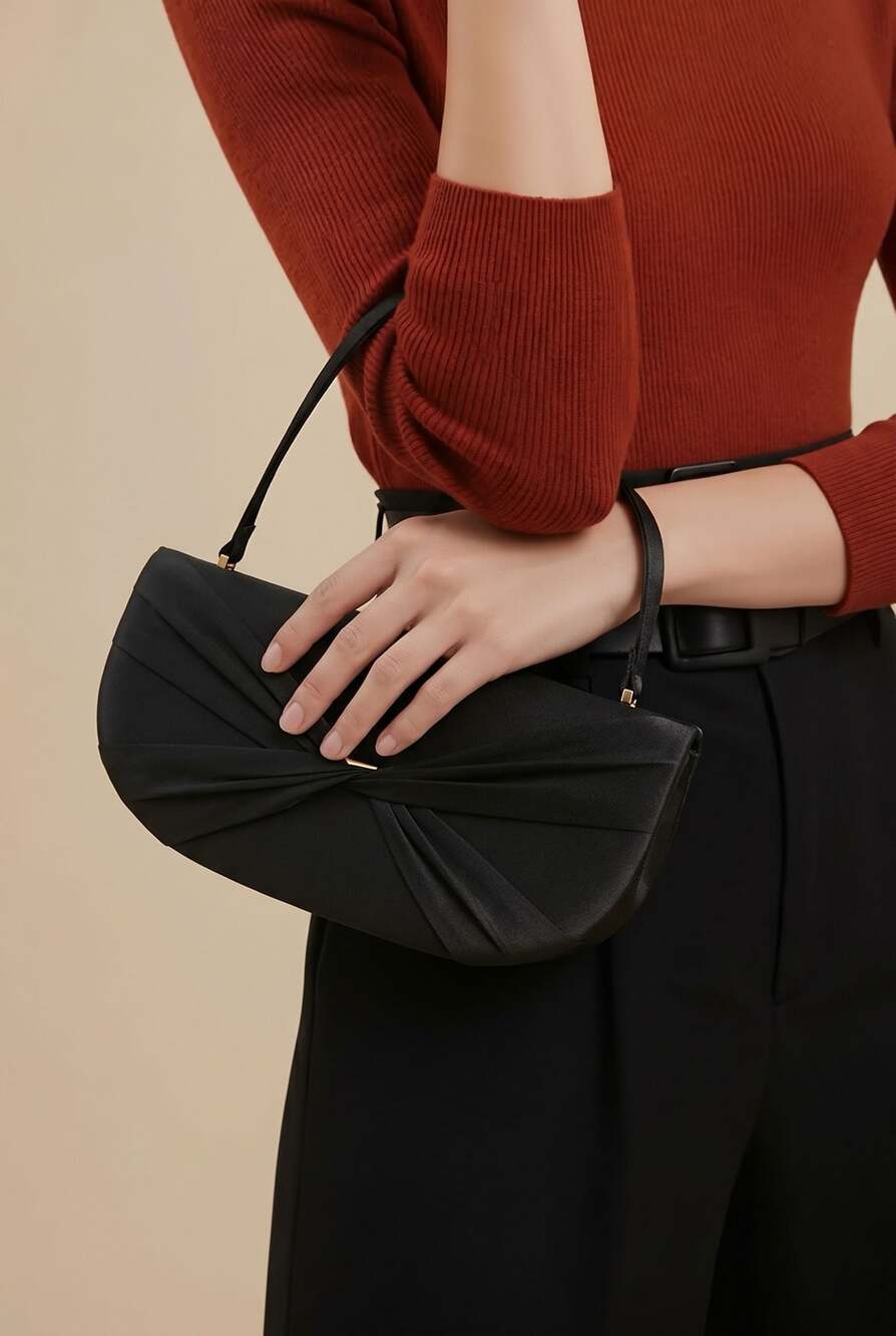 Franchi Black Satin Twist-Front Hard Shell Evening Clutch Bag